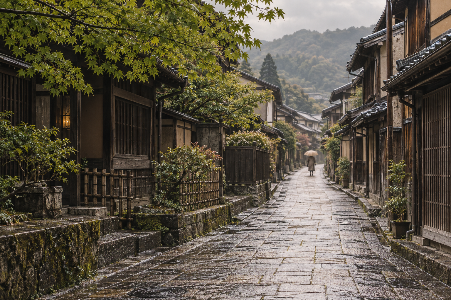 雨上がりの静かな路地を描いたイメージ